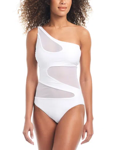 Bar Iii Women's One-shoulder Mesh Cutout Swimsuit, Created For Macy's In White