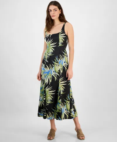 Bar Iii Women's Palm-print Satin Midi Dress, Exclusively At Macy's In Black Multi