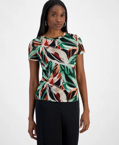 Bar Iii Women's Palm Print Short-sleeve Mesh Top, Exclusively At Macy's In Black Multi