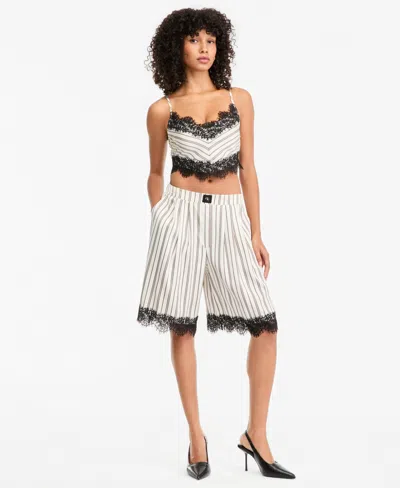 Bar Iii Women's Pinstripe Satin High-waisted Lace-trim Shorts, Macy's Exclusive In White
