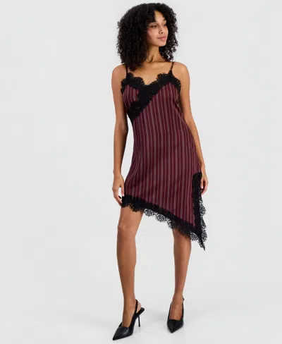 Bar Iii Women's Pinstripe V-neck Lace-trim Satin Dress, Macy's Exclusive In Burgundy Combo