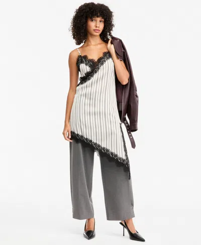 Bar Iii Women's Pinstripe V-neck Lace-trim Satin Dress, Macy's Exclusive In Multi