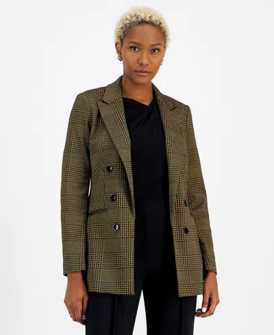 Bar Iii Women's Plaid Open-front Faux-double-breasted Blazer, Created For Macy's In Medium Saddle