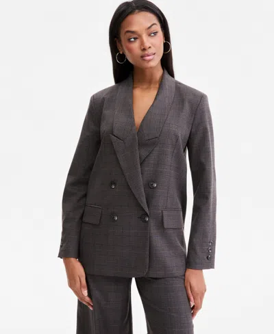Bar Iii Women's Plaid Peak-lapel Double-breasted Blazer, Macy's Exclusive In Gray