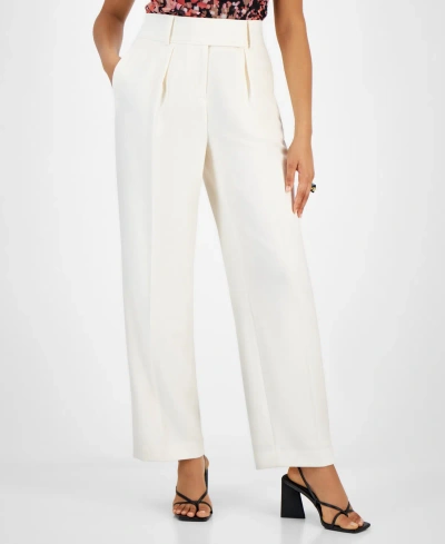 Bar Iii Women's Pleated Extended Tab Mid Rise Pants, Created For Macy's In Bar White