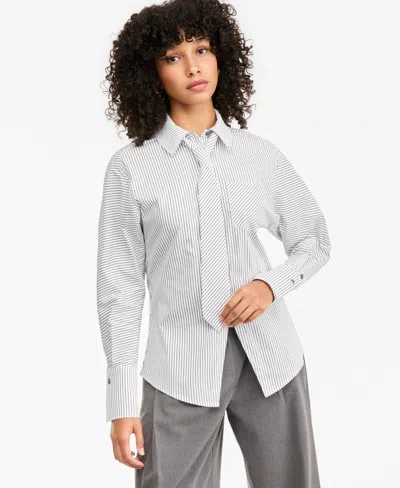 Bar Iii Women's Poplin Point-collar Tie Shirt, Macy's Exclusive In White Combo