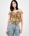 Bar Iii Women's Printed Cold-shoulder Ruffle-trim Mesh Top, Exclusively At Macy's In Multi