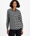 Bar Iii Women's Printed Colorblocked Button-up Shirt, Created For Macy's In Black,bar White