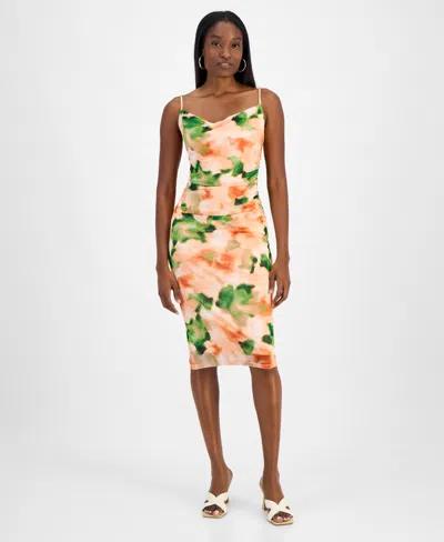 Bar Iii Women's Printed Mesh Cowlneck Sheath Dress, Exclusively At Macy's In Terra Clay Multi