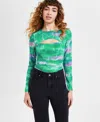 Bar Iii Women's Printed Crewneck Long-sleeve Ruched Bodysuit, Exclusively At Macy's In Ombre Wave
