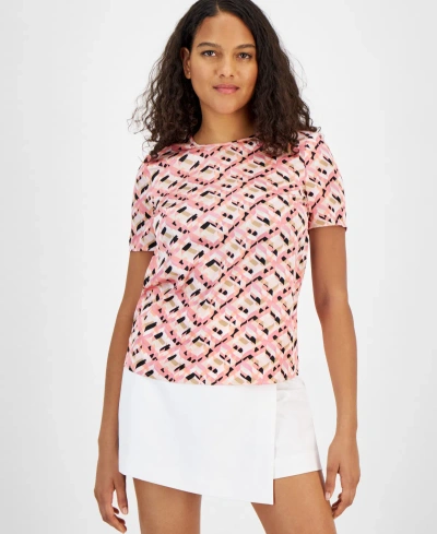 Bar Iii Women's Printed Crewneck Short-sleeve Top, Created For Macy's In Rose Bloom Multi