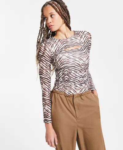 Bar Iii Women's Printed-mesh Cutout Bodysuit, Exclusively At Macy's In Grace Tige
