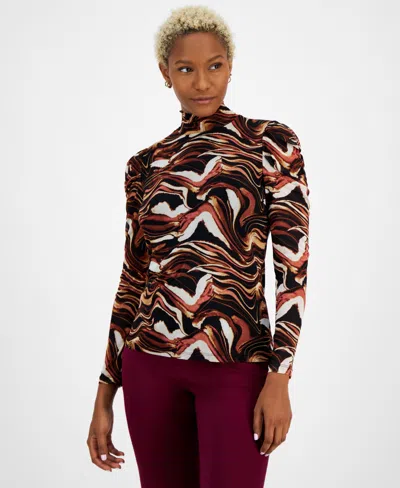 Bar Iii Women's Printed Mock-neck Long-sleeve Mesh Top, Created For Macy's In Medium Saddle
