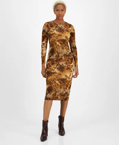 Bar Iii Women's Printed Round-neck Long-sleeve Midi Dress, Created For Macy's In Medium Saddle