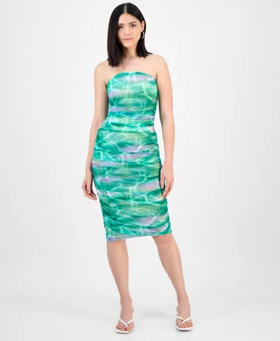 Bar Iii Women's Printed Ruched Mesh Strapless Dress, Exclusively At Macy's In Multi