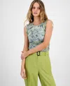 Bar Iii Women's Printed Ruffle-trim Mesh Sleeveless Top, Exclusively At Macy's In Tranquil Green Multi