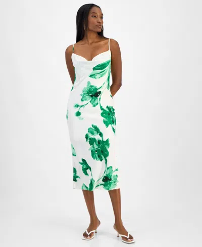 Bar Iii Women's Printed Satin Cowlneck Dress, Exclusively At Macy's In Green Chili Multi