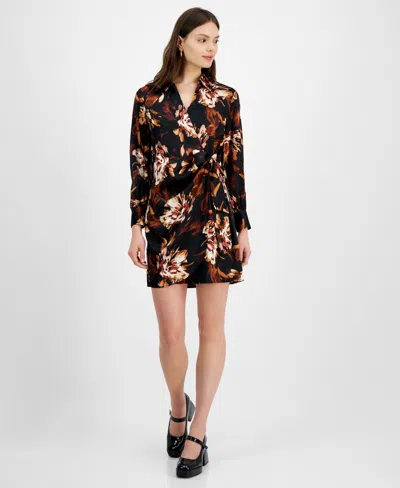 Bar Iii Women's Printed Satin Faux-wrap Dress, Created For Macy's In Pecan Multi