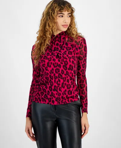 Bar Iii Women's Printed Mesh Twist-neck Blouse, Created For Macy's In Jazz Berry Multi