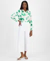 Bar Iii Womens Printed Button Front Blouse Pull On Cropped Pants Exclusively At Macys In Blanc