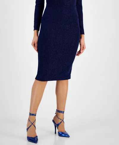 Bar Iii Women's Pull-on Metallic Knit Pencil Skirt, Created For Macy's In Black,deep Blue