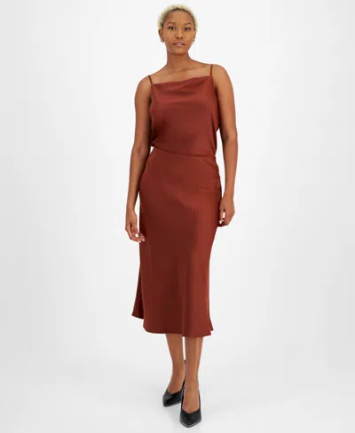 Bar Iii Women's Pull-on Midi Bias-cut Satin Skirt, Created For Macy's In Pecan