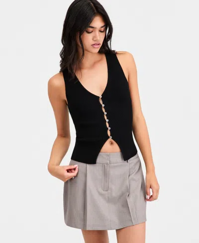 Bar Iii Women's Ribbed Button-front Top, Macy's Exclusive In Black