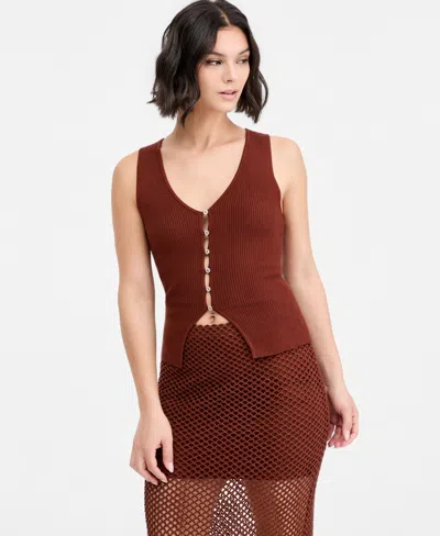 Bar Iii Women's Ribbed Button-front Top, Macy's Exclusive In Brown