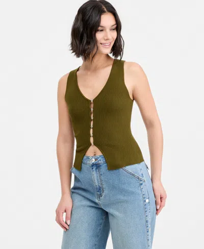 Bar Iii Women's Ribbed Button-front Top, Macy's Exclusive In Green