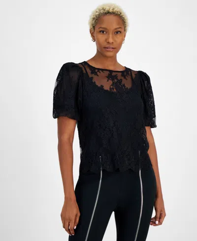 Bar Iii Women's Round-neck Lace Blouse, Created For Macy's In Black