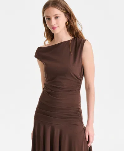 Bar Iii Women's Ruched Boat-neck Top, Macy's Exclusive In Brown