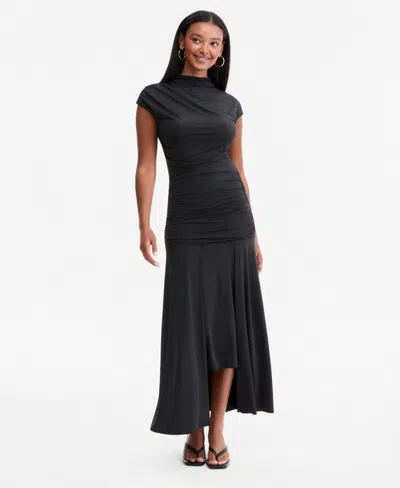 Bar Iii Women's Ruched Cap-sleeve Midi Dress, Macy's Exclusive In Black