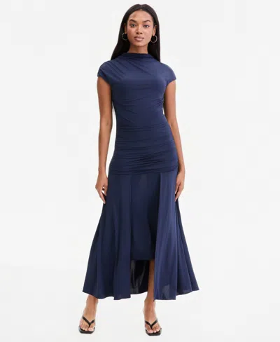 Bar Iii Women's Ruched Cap-sleeve Midi Dress, Macy's Exclusive In Blue
