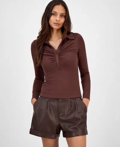 Bar Iii Women's Ruched Polo Top, Macy's Exclusive In Brown