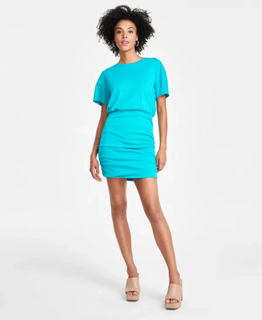 Bar Iii Women s Ruched skirt Short sleeve Mini Dress Created For Macy s In Teal Oasis ModeSens