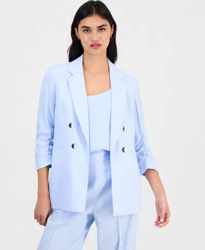 Bar Iii Women's Ruched-sleeve Open-front Linen Blazer, Exclusively At Macy's In Blue