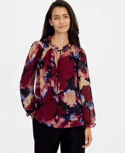 Bar Iii Women's Ruffle Tie Neck Long-sleeve V-neck Blouse, Macy's Exclusive In Red