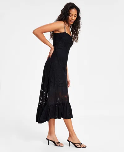 Bar Iii Women's Ruffled-hem Lace Midi Dress, Exclusively At Macy's In Deep Black