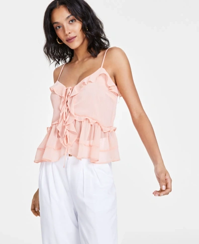 Bar Iii Women's Ruffled V-neck Tie-front Tank Top, Created For Macy's In Warm Coral