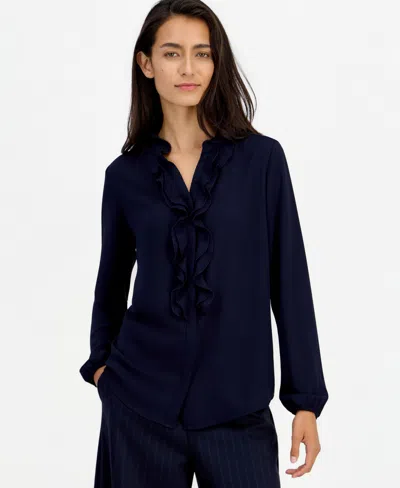 Bar Iii Women's Ruffle-front Long-sleeve V-neck Blouse, Macy's Exclusive In Bar Navy