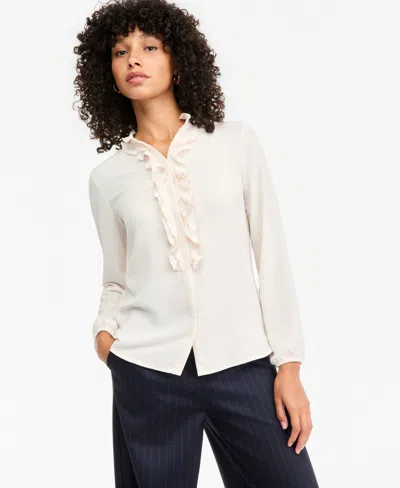 Bar Iii Women's Ruffle-front Long-sleeve V-neck Blouse, Macy's Exclusive In Bar White