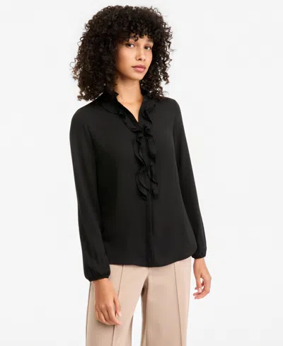 Bar Iii Women's Ruffle-front Long-sleeve V-neck Blouse, Macy's Exclusive In Black