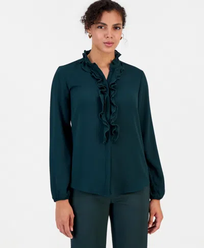 Bar Iii Women's Ruffle-front Long-sleeve V-neck Blouse, Macy's Exclusive In Pine Mist