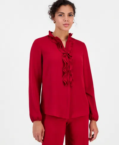 Bar Iii Women's Ruffle-front Long-sleeve V-neck Blouse, Macy's Exclusive In Pomegranate
