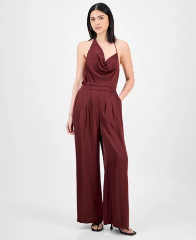 Bar Iii Women's Satin Cowl-neck Wide-leg Jumpsuit, Macy's Exclusive In Brown