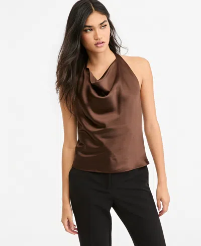 Bar Iii Women's Satin Halter Open-back Top, Macy's Exclusive In Brown