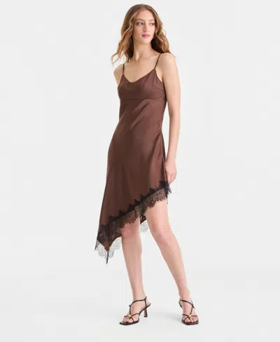 Bar Iii Women's Satin Lace-trim Asymmetric-hem Dress, Macy's Exclusive In Brown