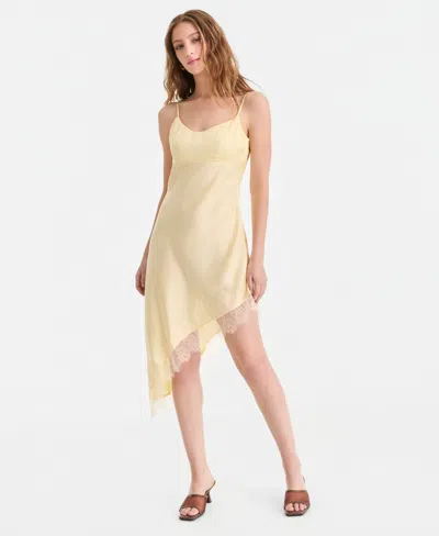 Bar Iii Women's Satin Lace-trim Asymmetric-hem Dress, Macy's Exclusive In Yellow