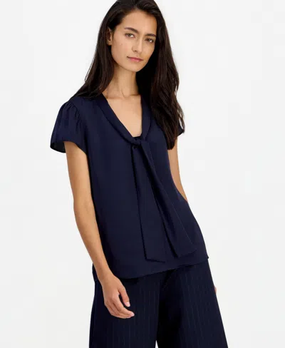 Bar Iii Women's Satin Tie-neck Flutter-sleeve Short-sleeve Blouse, Macy's Exclusive In Bar Navy