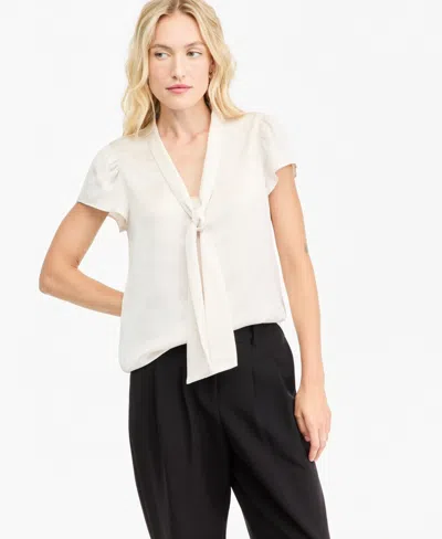 Bar Iii Women's Satin Tie-neck Flutter-sleeve Short-sleeve Blouse, Macy's Exclusive In Bar White